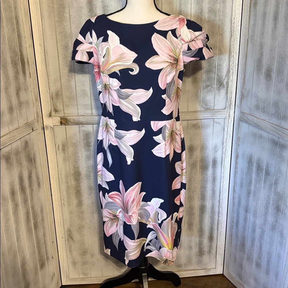 Shelby & Palmer Navy Blue & Pink Lily Floral Midi Dress